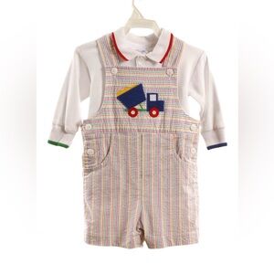 Florence Eiseman White Top And Striped Shortalls and Dump truck Applique 18M